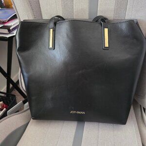 Joy & Iman Black Leather Tote Bag Removable Insert Coin Purse Wristlet Tassels